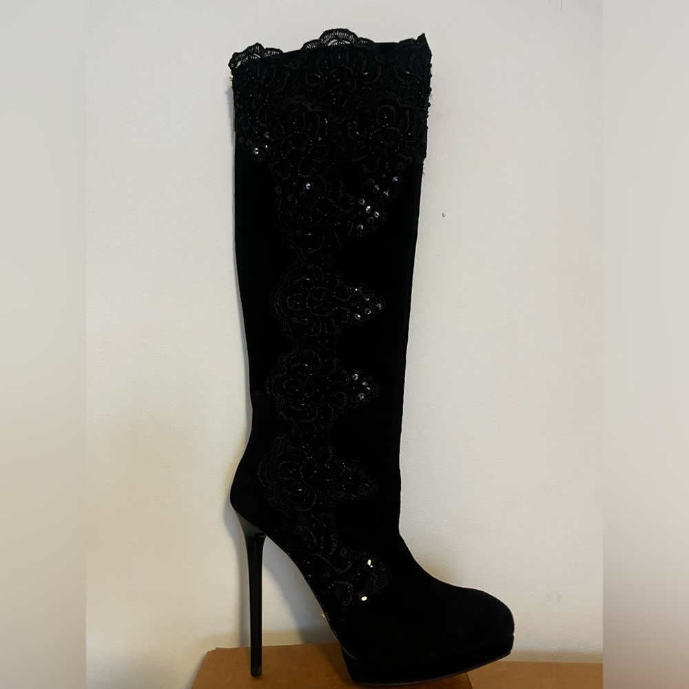 Maria Pino black suede high heel boots with elaborate embroidery. Sz36.5